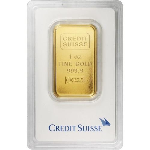 1 oz Credit Suisse Gold Bar (New w/ Assay): Brand/Mint: Credit Suisse,Certification: Assay Card,Precious Metal Content per Unit: 1.00000,Fineness: 0.9999,Composition: Gold,Shape: Bar,Country of Origin: Switzerland