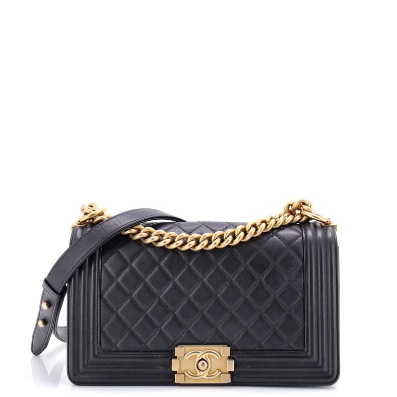 Chanel Boy Flap Bag Quilted Lambskin Old Medium: Condition: Pre-owned - Good,Brand: Chanel,Exterior Material: Leather,Style: Shoulder Bags,Exterior Color: Black,Department: Women,Size: Old Medium