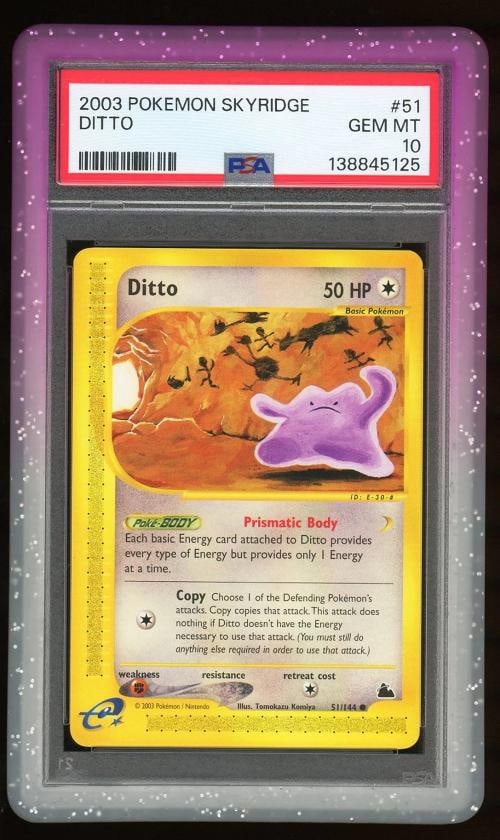 PSA 10 GEM MINT Ditto Skyridge 51/144 Pokemon Card TCG POP 69: Condition: Graded - PSA 10: Professionally graded ,Card Size: Standard,Autographed: No,Rarity: Rare,Game: Pok©mon TCG,Set: Skyridge,Language: English,Manufacturer: Nintendo,Age Level: 4+,Card