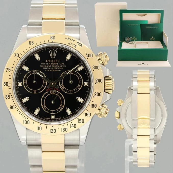 MINT Rolex Daytona 116523 Chronograph Black Steel Yellow Gold Two Tone Watch Box: Case & DialCase Material: Rolex Stainless SteelCase Size: 40mmBezel: Rolex Yellow GoldCrystal: Rolex SapphireDial: Rolex BlackMovement & BraceletMovement: Rolex AutomaticBracelet Design: Rolex