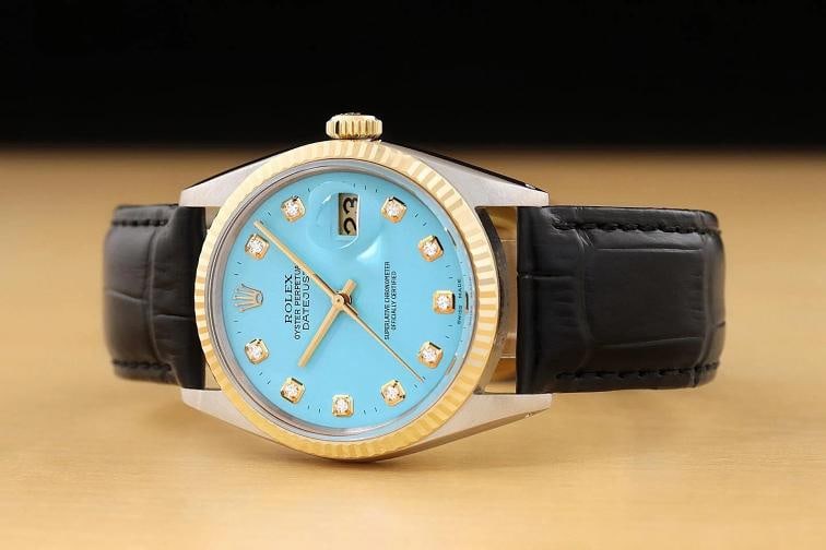 ROLEX MENS DATEJUST 16013 AQUA BLUE DIAMOND 18K GOLD STEEL BLACK LEATHER WATCH - 2
