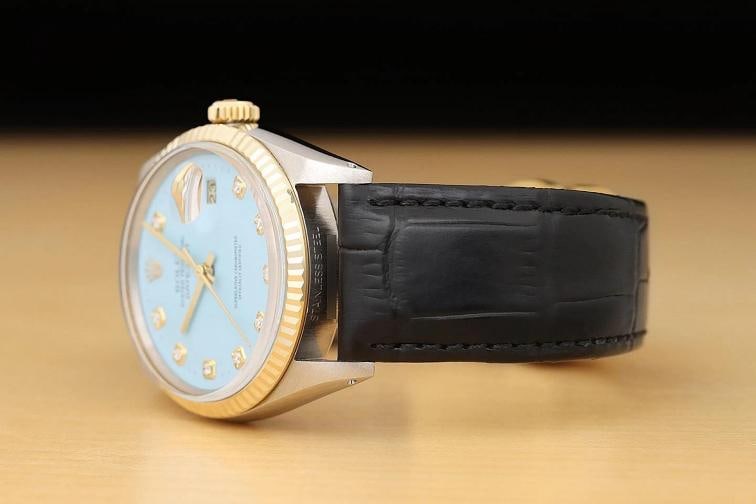 ROLEX MENS DATEJUST 16013 AQUA BLUE DIAMOND 18K GOLD STEEL BLACK LEATHER WATCH - 4