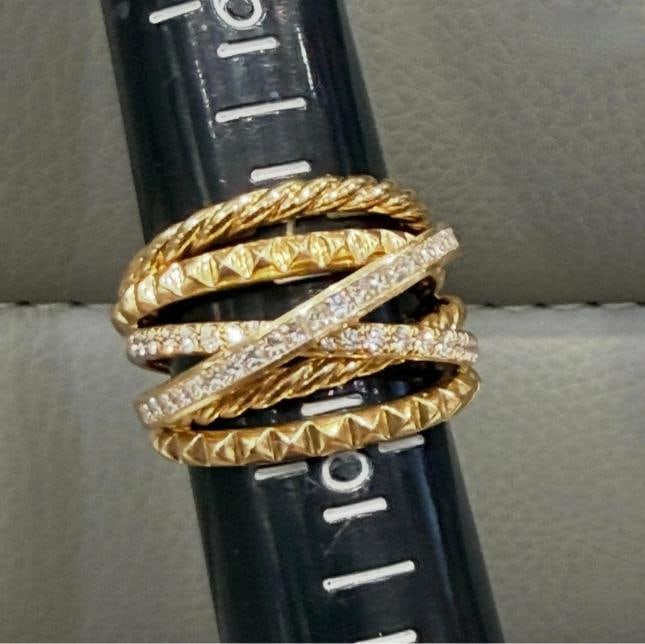 David Yurman Crossover Trio Six Row Ring 18K Yellow Gold with Diamonds, Size 7.5 - 11