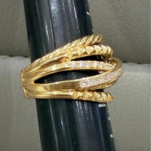 David Yurman Crossover Trio Six Row Ring 18K Yellow Gold with Diamonds, Size 7.5 - 12