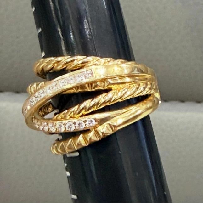 David Yurman Crossover Trio Six Row Ring 18K Yellow Gold with Diamonds, Size 7.5 - 13
