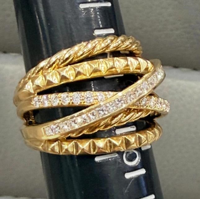 David Yurman Crossover Trio Six Row Ring 18K Yellow Gold with Diamonds, Size 7.5 - 14