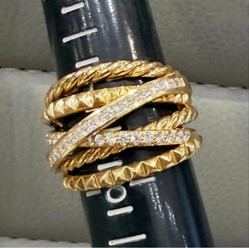 David Yurman Crossover Trio Six Row Ring 18K Yellow Gold with Diamonds, Size 7.5 - 15
