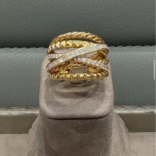 David Yurman Crossover Trio Six Row Ring 18K Yellow Gold with Diamonds, Size 7.5 - 2