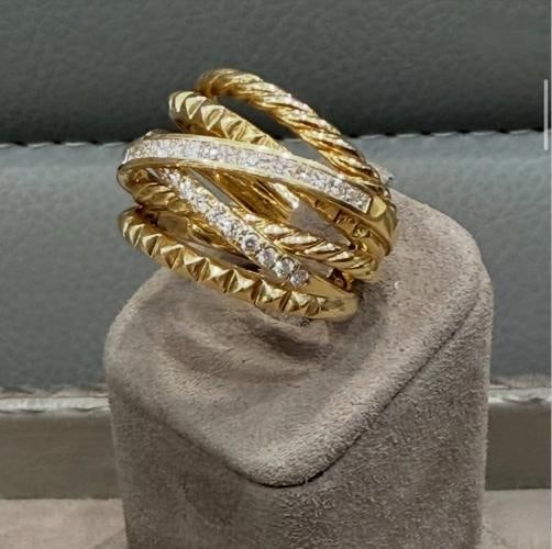 David Yurman Crossover Trio Six Row Ring 18K Yellow Gold with Diamonds, Size 7.5 - 3