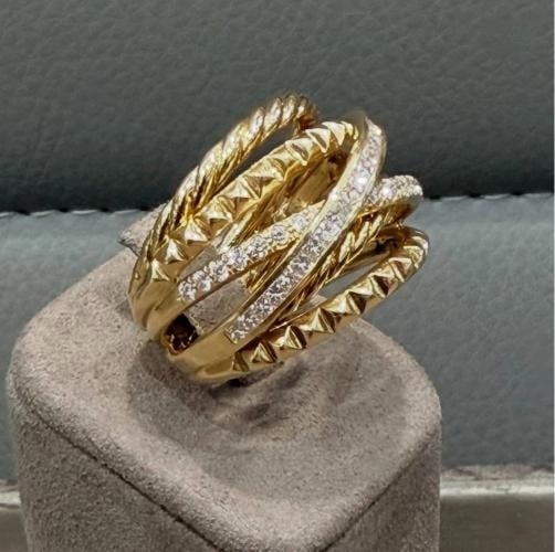 David Yurman Crossover Trio Six Row Ring 18K Yellow Gold with Diamonds, Size 7.5 - 4
