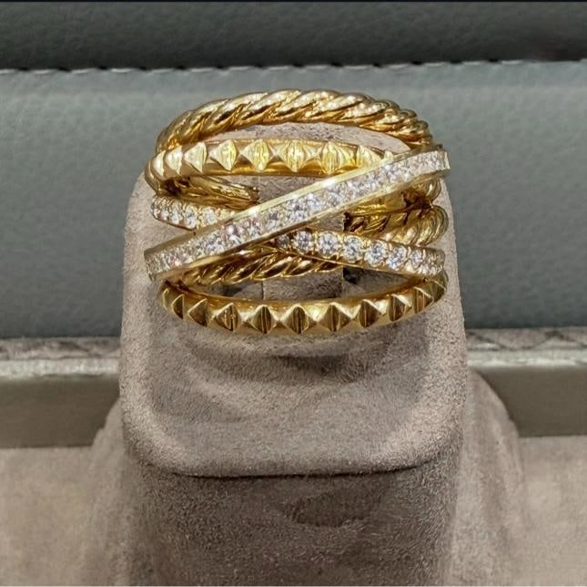 David Yurman Crossover Trio Six Row Ring 18K Yellow Gold with Diamonds, Size 7.5 - 6