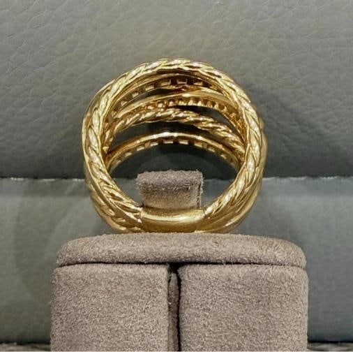 David Yurman Crossover Trio Six Row Ring 18K Yellow Gold with Diamonds, Size 7.5 - 7