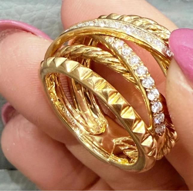 David Yurman Crossover Trio Six Row Ring 18K Yellow Gold with Diamonds, Size 7.5 - 9