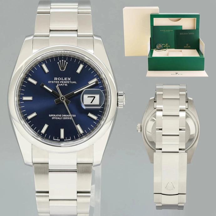 2020 MINT Rolex 115200 Blue Stick Oyster Perpetual Date 34mm Stainless Steel: Case & DialCase Material: Rolex Stainless SteelCase Size: 34mmBezel: Rolex Stainless SteelCrystal: Rolex SapphireDial: Rolex Blue StickMovement & BraceletMovement: Rolex AutomaticBracelet Design:
