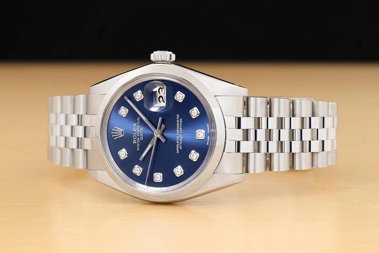 ROLEX OYSTER PERPETUAL DATE 1500 BLUE DIAMOND DIAL STAINLESS STEEL 34MM WATCH - 2