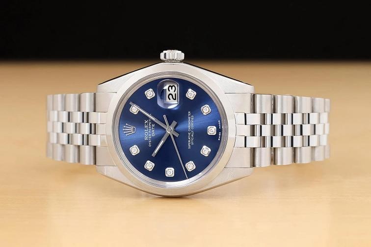 ROLEX OYSTER PERPETUAL DATE 1500 BLUE DIAMOND DIAL STAINLESS STEEL 34MM WATCH - 3