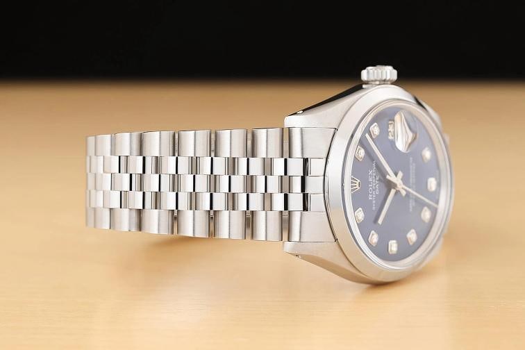 ROLEX OYSTER PERPETUAL DATE 1500 BLUE DIAMOND DIAL STAINLESS STEEL 34MM WATCH - 7