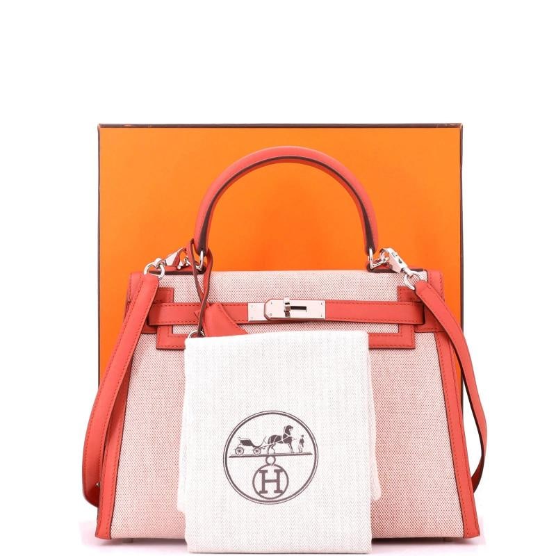Hermes Kelly Handbag Toile and Brown Swift with Palladium Hardware 28 - 2