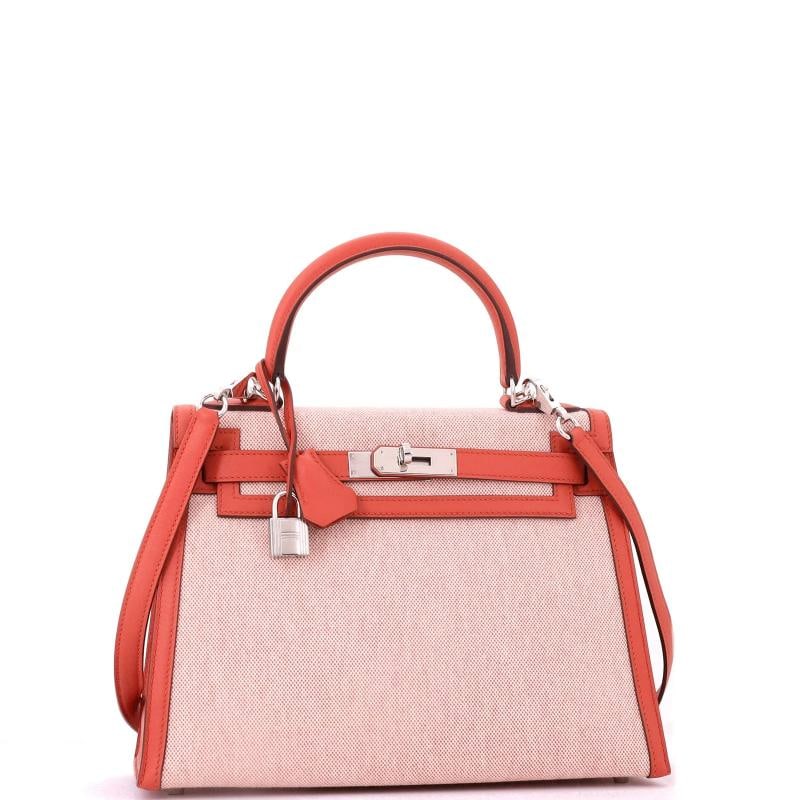 Hermes Kelly Handbag Toile and Brown Swift with Palladium Hardware 28 - 3