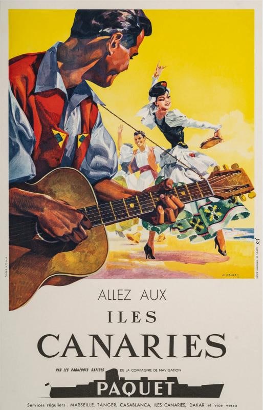 Original Vintage Poster, Canary Islands, Navigation Paquet, Liner, Flamenco 1950: Condition: Used,Country of Origin: France,Artist: Revest,Unit of Sale: Single-Piece Work,Signed By: Revest,Size: Small,Signed: Yes,Title: Iles Canaries,Material: Paper,Certificate of Authenticity
