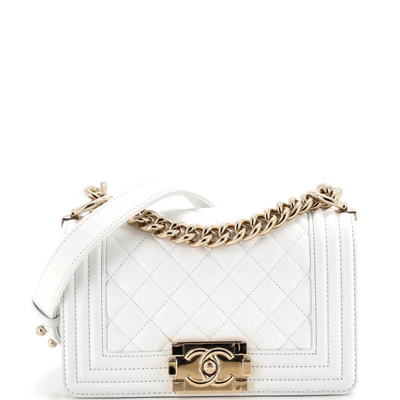 Chanel Boy Flap Bag Quilted Lambskin Small: Condition: Pre-owned - Good,Brand: Chanel,Exterior Material: Leather,Style: Cross Body Bags,Exterior Color: White,Department: Women,Size: Small,Accessories: Dust Bag
