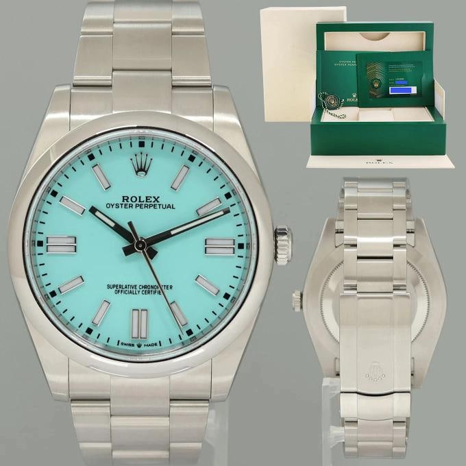 2022 PAPERS Rolex Oyster Perpetual 41mm Blue Custom Dial Tiffany Oyster 124300: Condition: Pre-owned - Excellent,Brand: Rolex,Department: Unisex Adults,Type: Wristwatch,Model: Oyster Perpetual,Reference Number: 124300,With Original Box/Packaging: Yes,With Papers: