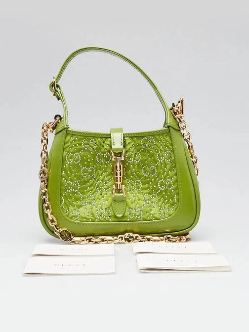 Gucci Green Leather/Canvas Crystal GG Jackie 1961 Mini Bag - 11