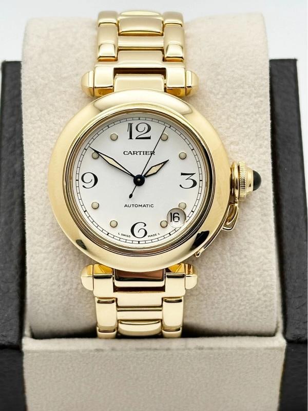 Cartier Pasha C Ref 1035 White Dial 18K Yellow Gold 35mm: Condition: Pre-owned - Excellent,Country of Origin: Switzerland,Bezel Color: Gold, Yellow,Movement: Mechanical (Automatic),Seller Warranty: Yes,Reference Number: 1035,Band/Strap: Bracelet,Brand: Carti