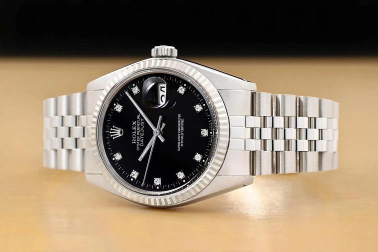 ROLEX MENS DATEJUST 16234 BLACK FACTORY DIAMOND DIAL 18K WHITE GOLD STEEL WATCH - 2
