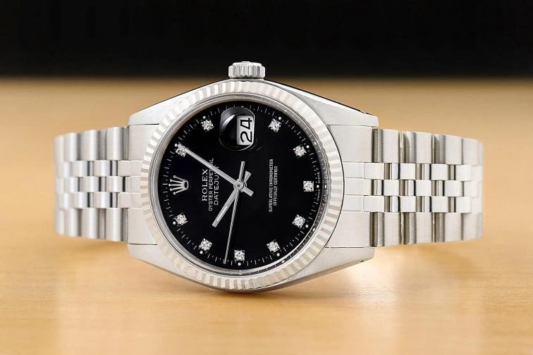 ROLEX MENS DATEJUST 16234 BLACK FACTORY DIAMOND DIAL 18K WHITE GOLD STEEL WATCH - 3