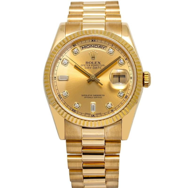 Rolex Day-Date 118238A 18k Yellow Gold Automatic Gold Dial Men's 36mm: Case Size 36mm Wrist Fit 6.5 inches Box No Papers No Condition Ã¢â¬â Used - Good Full Specifications Brand Rolex Customized No Serial # 9656**** Gender Men's Band Material 18k