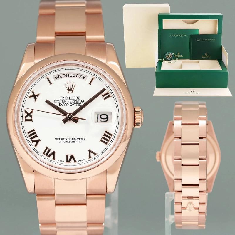 MINT Rolex President Day Date 36mm Rose Gold 118205 White Roman Watch Box: Case & Dial Case Material: Rolex Rose Gold Case Size: 36mm Bezel: Rolex Rose Gold Smooth Crystal: Rolex Sapphire Dial: Rolex White Roman Movement & Bracelet Movement: Rolex Automatic double-quickset
