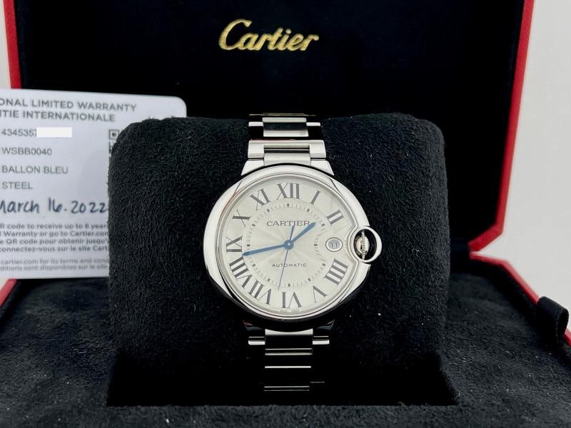 Cartier Ballon Bleu WSBB0040 40mm Silver Dial Stainless Steel Box Paper 2022: Style Number: WSBB0040 / 4345 Serial: 434535****** Year: 2022 Model: Cartier Ballon Bleu 40mm Case Material: Stainless Steel Band: Stainless Steel Bezel: Stainless Steel Dial: Silver Roman Numeral