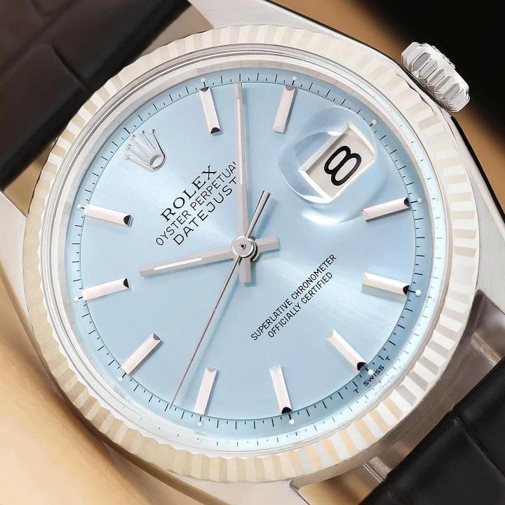 ROLEX DATEJUST 1601 ICE BLUE DIAL 18K WHITE GOLD STEEL BLACK LEATHER BAND WATCH: Condition: Pre-owned - Excellent,Brand: Rolex,Department: Men's,Dial: Rolex Stick Dial Ref.,Bezel: Rolex 18K White Gold Fluted Bezel,Features: 12-Hour Dial, Acrylic Crystal, Chronometer, Screwdown