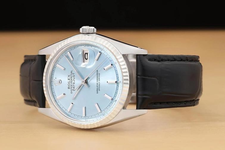 ROLEX DATEJUST 1601 ICE BLUE DIAL 18K WHITE GOLD STEEL BLACK LEATHER BAND WATCH - 2
