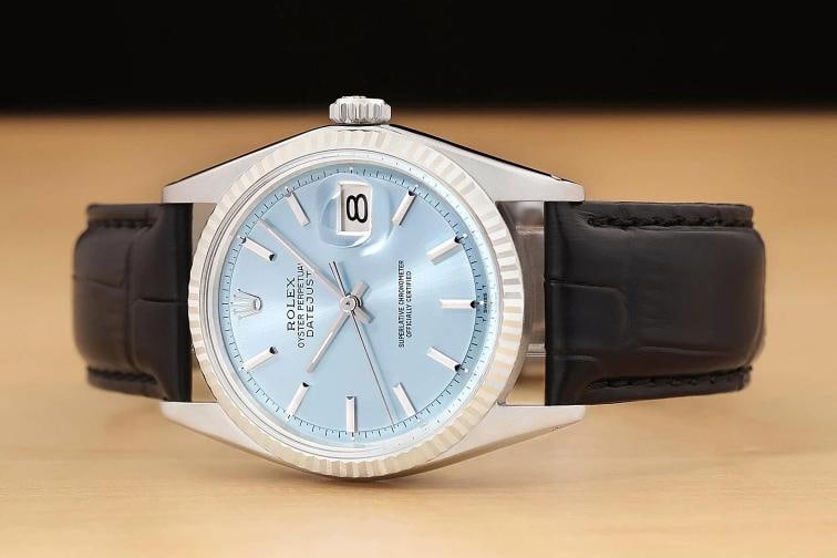 ROLEX DATEJUST 1601 ICE BLUE DIAL 18K WHITE GOLD STEEL BLACK LEATHER BAND WATCH - 3