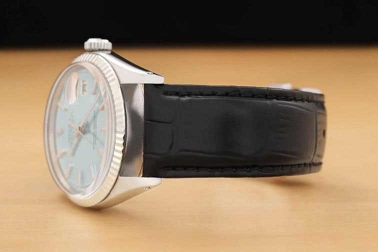 ROLEX DATEJUST 1601 ICE BLUE DIAL 18K WHITE GOLD STEEL BLACK LEATHER BAND WATCH - 4
