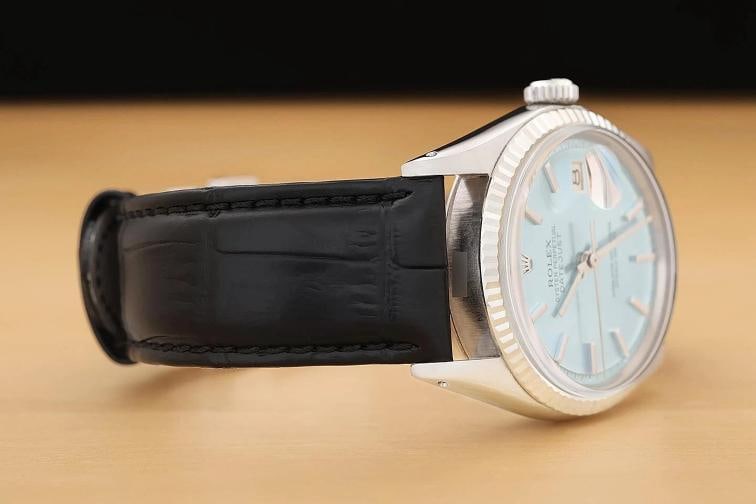 ROLEX DATEJUST 1601 ICE BLUE DIAL 18K WHITE GOLD STEEL BLACK LEATHER BAND WATCH - 7
