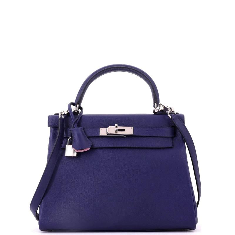 Hermes Kelly Handbag Verso Evercolor with Palladium Hardware 28: Condition: Pre-owned - Excellent,Brand: Hermes,Exterior Material: Leather,Style: Top Handle,Exterior Color: Blue,Department: Women,Size: 28,Accessories: Lock, Keys, Clochette, Box, Dust Bag, With