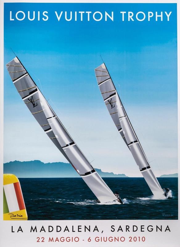 Original Poster, Razzia, Louis Vuitton Trophy, La Maddalena, Sailing Ship, 2010: Condition: Used,Country of Origin: France,Artist: Razzia,Unit of Sale: Single Piece,Signed By: Razzia,Size: Large (up to 60in.),Signed: Yes,Title: Louis Vuitton Trophy La Maddalena,Material: