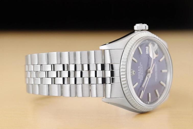 ROLEX MENS DATEJUST 1601 BLUE DIAL 18K WHITE GOLD BEZEL STAINLESS STEEL WATCH - 7