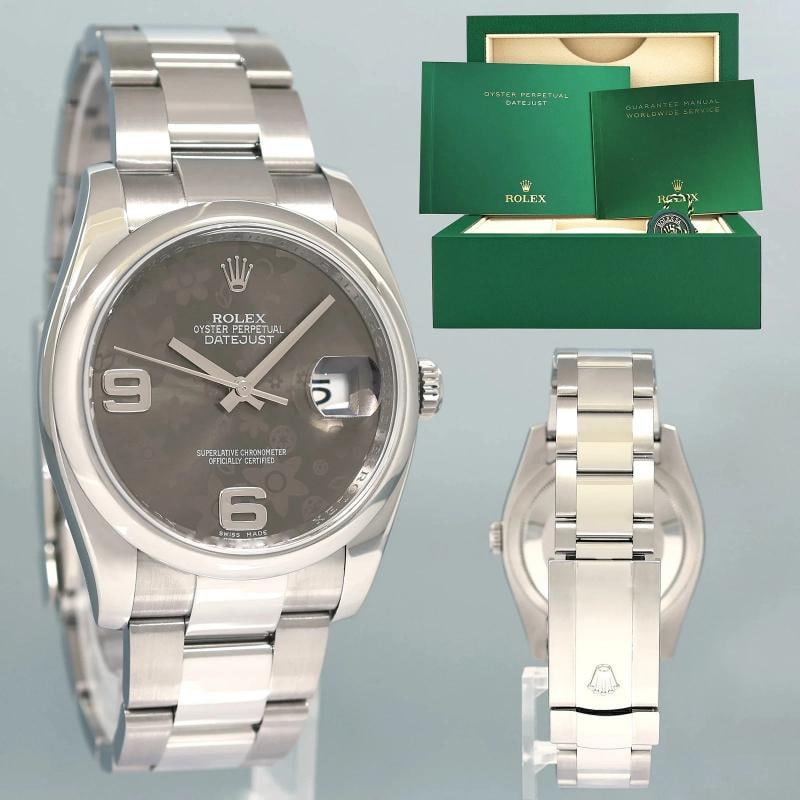 MINT 2014 Rolex DateJust 36mm 116200 Steel Oyster Floral Flower Dial Watch Box: Case & Dial Case Material: Rolex Stainless Steel Case Size: 36mm Bezel: Rolex Smooth Stainless Steel Crystal: Rolex Sapphire Dial: Rolex Brown Flower with Date Function Movement & Bracelet Movement: