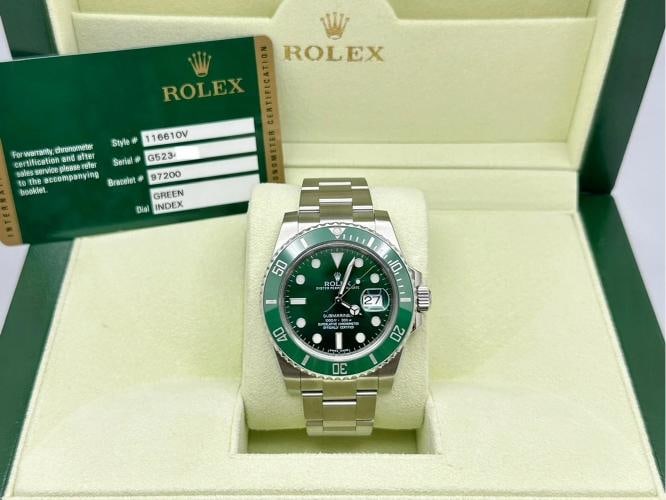 Rolex Submariner Hulk 116610LV Green Bezel Green Dial Stainless Steel Box Paper: Style Number: 116610V 116610LV Serial: G523*** Year: 2013 Model: Rolex Submariner "Hulk" Case Material: Stainless Steel Band: Stainless Steel Bezel: Green Ceramic Dial: Green Crystal: Sapphire Crystal