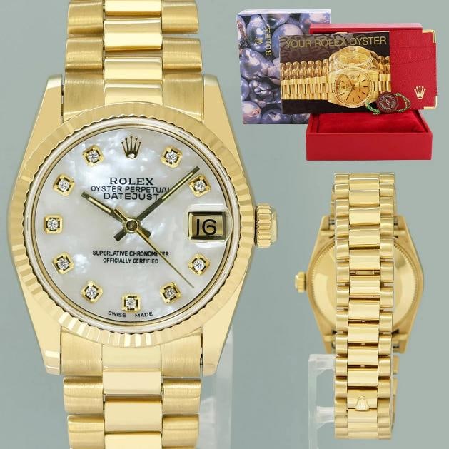 MINT Rolex 68278 Yellow Gold 31mm Midsize Mother of Pearl Diamond Lady President: Condition: Pre-owned - Excellent,Brand: Rolex,Department: Unisex Adults,Type: Wristwatch,Model: Ladies Rolex,Reference Number: 68278,With Original Box/Packaging: Yes,With Papers: No,Customized: