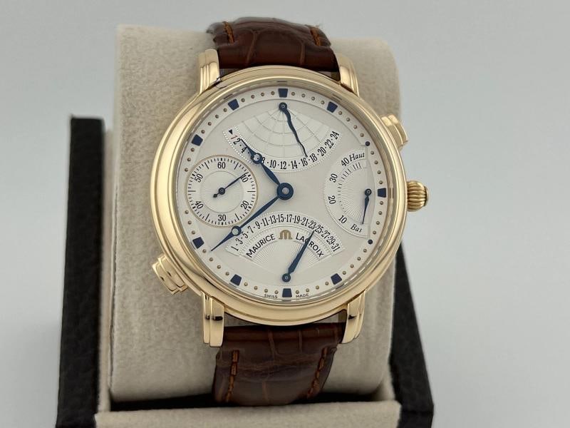 Maurice Lacroix Masterpiece Double Retrograde MP7018 18k Rose Gold 43mm: Style Number: MP7018 Serial: AI65*** Model: Maurice Lacroix Masterpiece Double Retrograde Case Material: 18k Rose Gold Band: Leather Bezel: 18k Rose Gold Dial: Silver Crystal: Sapphire Crystal Case