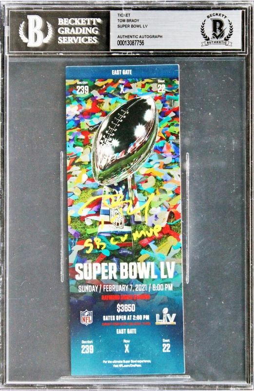 Patriots Tom Brady "SB LV MVP" Signed Super Bowl LV Full Ticket Stub BAS Slabbed: Product: Not Available,Player: Tom Brady,Original/Reprint: Original,Team: New England Patriots,Autograph Authentication: Beckett,PRODUCT_COA: Beckett,PRODUCT_SIGNED_BY_NAME: Tom