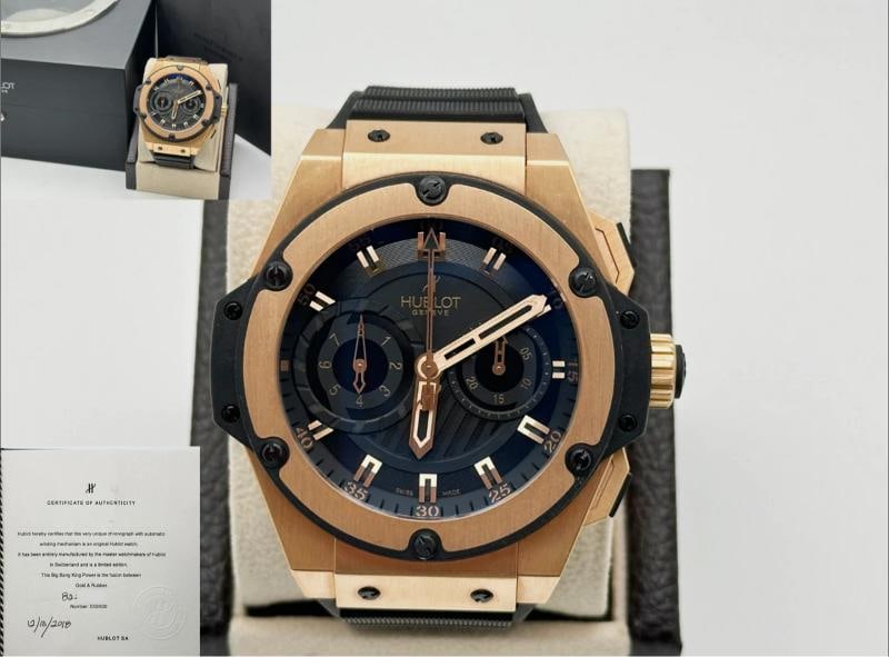 Hublot King Power Big Bang Foudroyante 715.PX.1128.RX 18K Rose Gold Box Paper: Style Number: 715.PX.1128.RX Year: 2018 Model: Hublot King Power Big Bang Foudroyante Case Material: 18K Rose Gold Band: Rubber Bezel: 18K Rose Gold Dial: Black Dial Face: Sapphire Crystal Case Size: