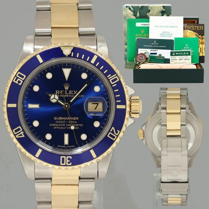 1985 PAPERS MINT Rolex Submariner Date 16803 Two-Tone Gold Steel Blue 40mm Watch: Condition: Pre-owned - Excellent,Brand: Rolex,Department: Unisex Adults,Type: Wristwatch,Model: Submariner,Reference Number: 16803,With Original Box/Packaging: Yes,With Papers: Original &