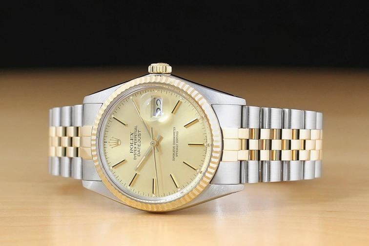 ROLEX MENS DATEJUST 16013 18K YELLOW GOLD STEEL CHAMPAGNE DIAL TWO TONE WATCH - 2