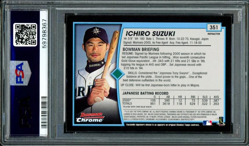 Ichiro Suzuki Auto 2001 Bowman Chrome English Refractor RC #351 Mariners Sig GM - 2
